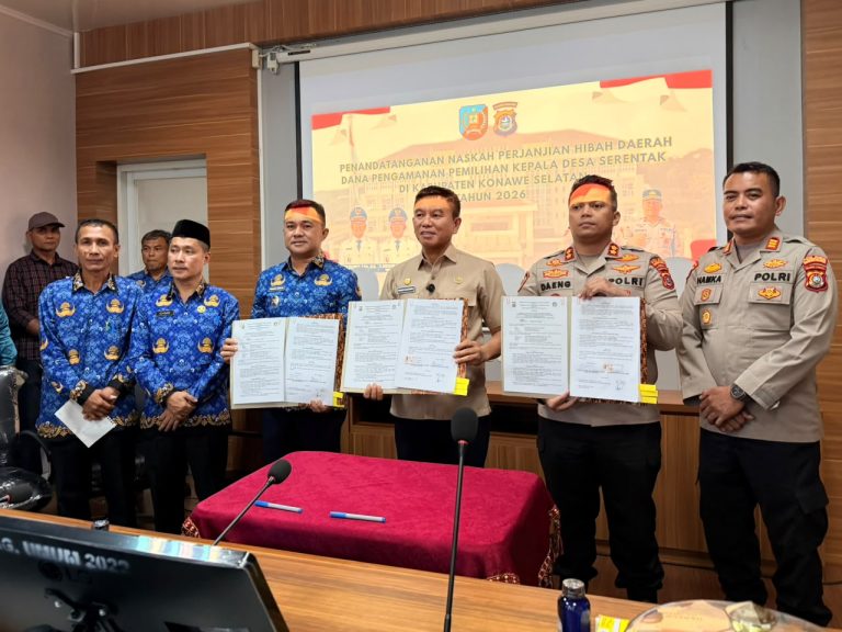 Pemda dan Polres Konsel Tanda Tangani NPHD Dana Pengamanan Pilkades Serentak 2026
